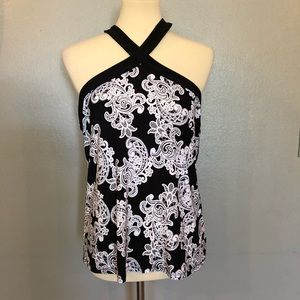 NWT INC Black White Paisley Contrast Trim Halter Top XL